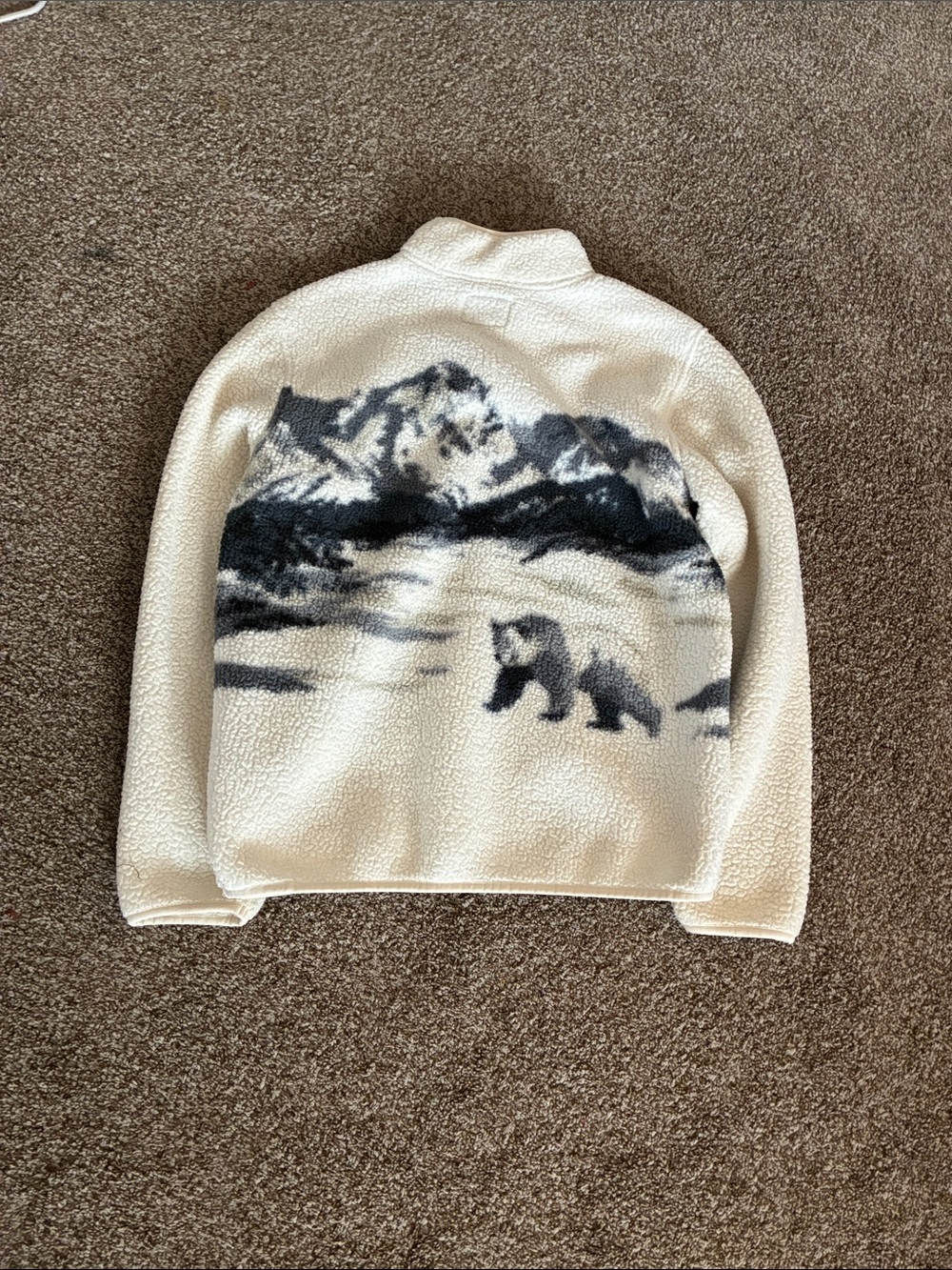 Old Navy Cream Sherpa Half-Zip Sweater with Black Scenic Bear Print - Picture 2 of 3